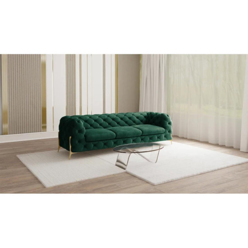  3 seater Chesterfield Sofa with Gold Metal Legs, Bottle Green