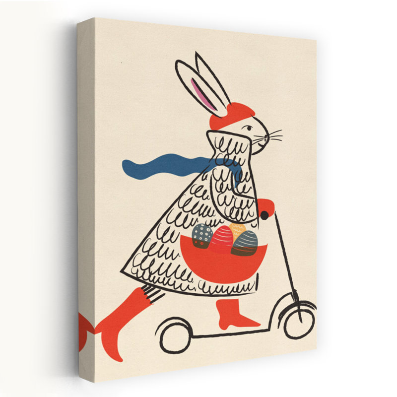 Easter Bunny On Scooter Whimsical Contemporary Rabbit Spring Forest Wall Art Print by Nicholas - Wrapped Canvas Print