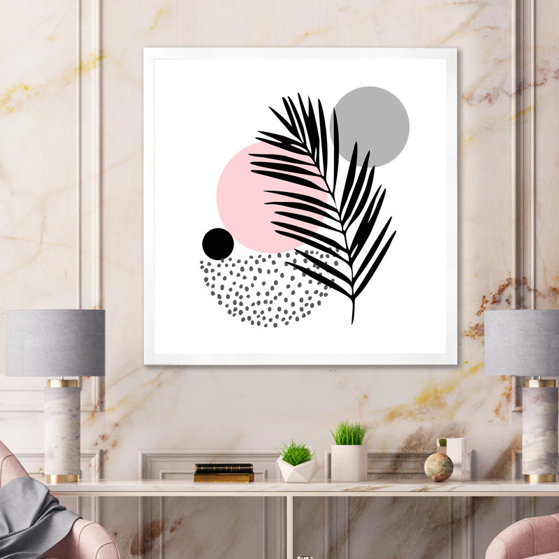 Lune rose abstraite avec feuille de palmier - Impression sur toile, H 36 po x l 36 po x P 1 po, Cadre photo blanc