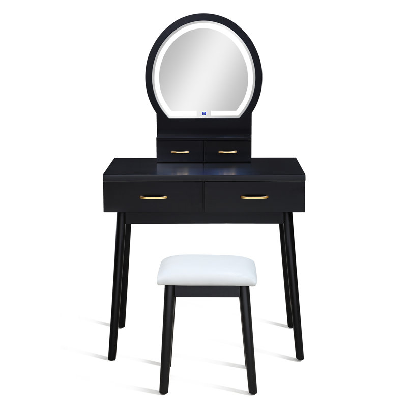 Ensemble de coiffeuse et de tabouret avec miroir à DEL intégré et tabouret coussiné assorti avec poignées décoratives dorées