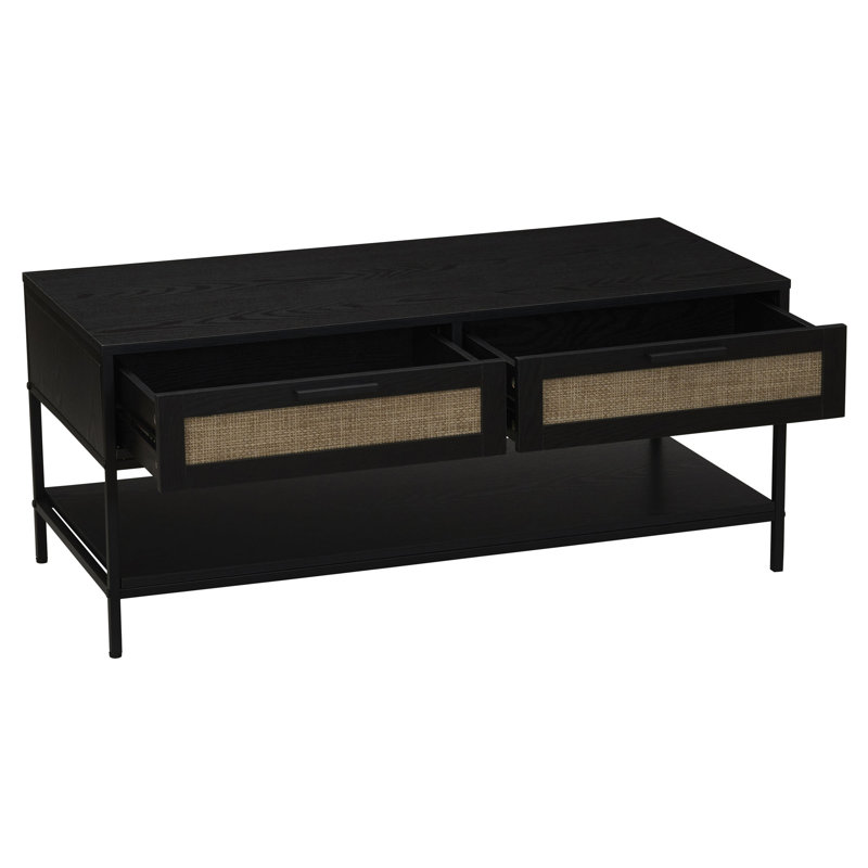 Woven Front Black Oak Coffee Table with Iron Base, Black Top/Black Base