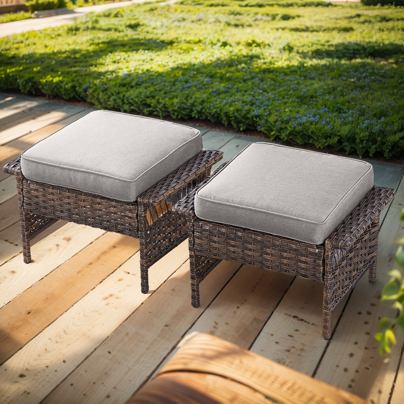 Emilka Wicker Outdoor 2pcs Ottoman with Soft Cushion, Gray