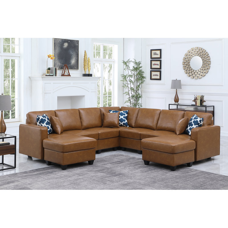 Canapé modulaire réversible en similicuir avec repose-pieds, Similicuir brun