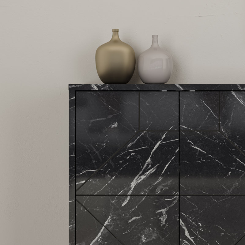 183cm Wide Modern Geometric Sideboard Storage with Push-to-open Doors, Black Marble