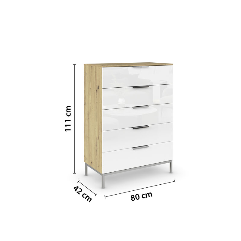 Flipp 5 - Drawer Chest of Drawers, Artisan Oak/White Glass/Chrome