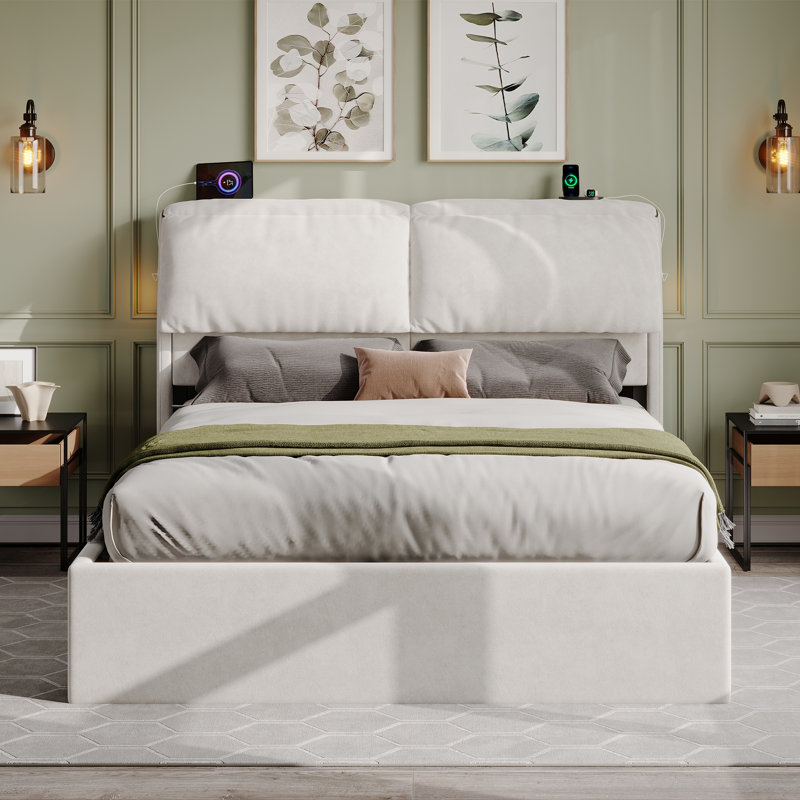 Upholstered Kingsize (5') Velvet Lift Up Storage Ottoman Bed, Cream
