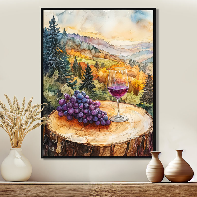 Vignoble avec verre de vin et raisin en Provence IV - Art mural grand vignoble, H 20 po x l 12 po, Noir