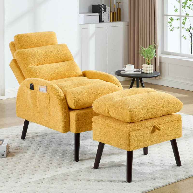 Jonilda Upholstered Accent Chair and Ottoman with  Adjustable Backrest, Yellow Teddy