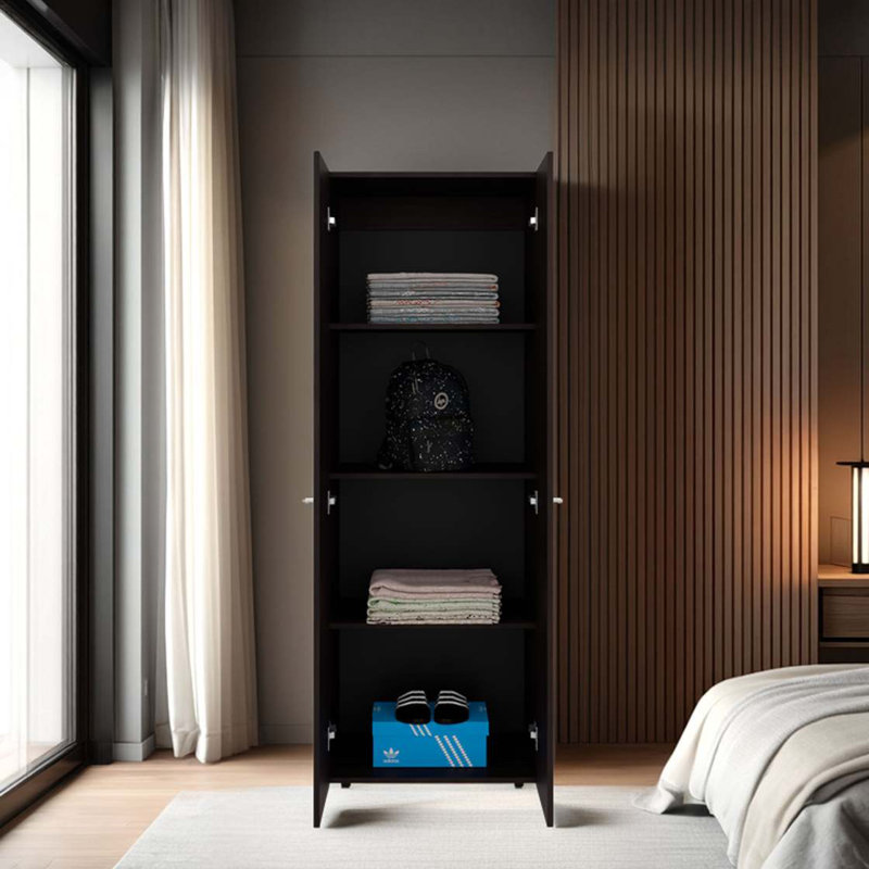 Grande armoire-penderie en noyer teint à 2 portes avec 4 tablettes et rangement vertical, Noyer