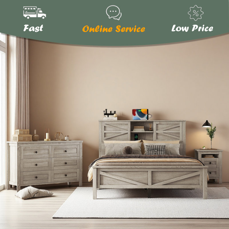 Ensemble de chambre à coucher 3 pièces avec lit plateforme Farmhouse, Grand lit, Gris antique