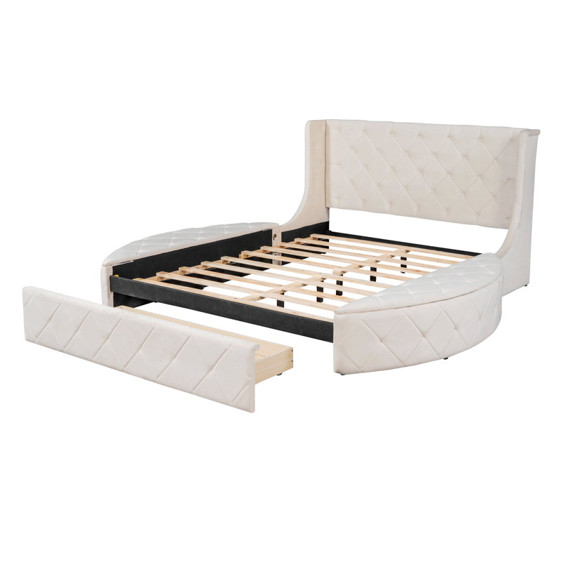 Jakayle 3 Drawers Upholstered Platform Bed with Wingback Headboard and Side Bench, Beige 