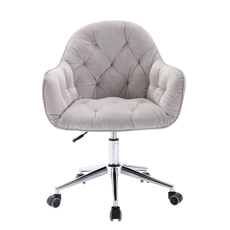 Liwia Velvet Upholstered Swivel & Adjustable-Height Task Chair with Chrome Metal Base, Gray