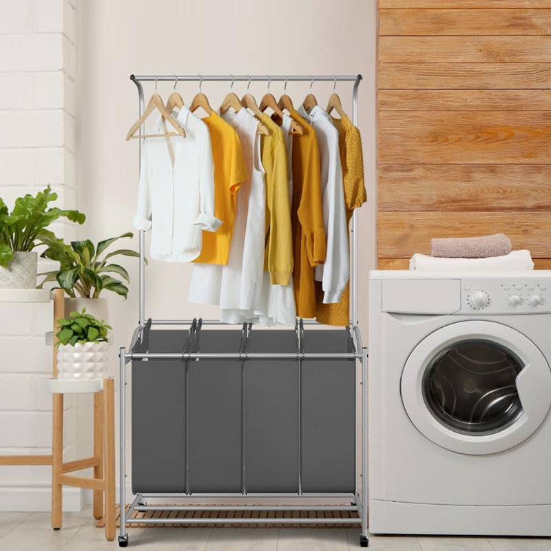 Trieur de buanderie 4 sections avec barre de suspension, 4 sacs Panier à linge Chariot à linge avec roues verrouillables pour salle de bain, noir