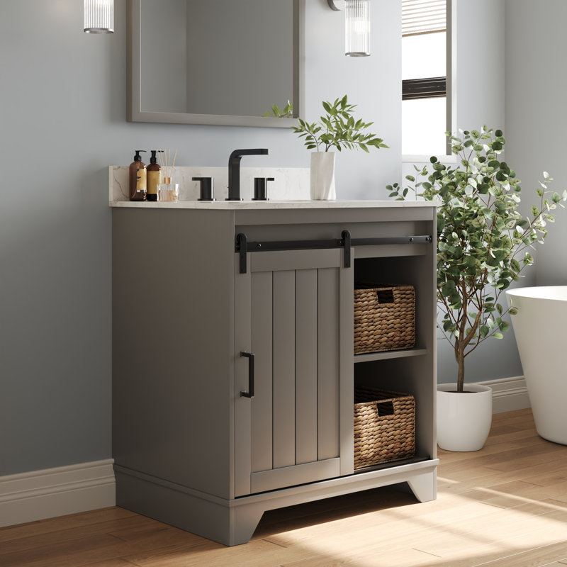 Gray 30" Freestanding Bathroom Vanity with Ceramic Sink and Storage Baskets