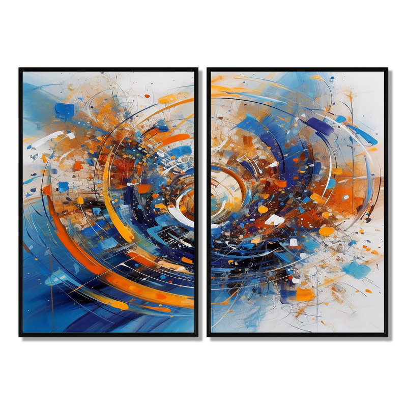 «Blue and Orange Space» - Art mural sur toile traditionnel orange 2 panneaux, H 36 po x l 48 po, Noir