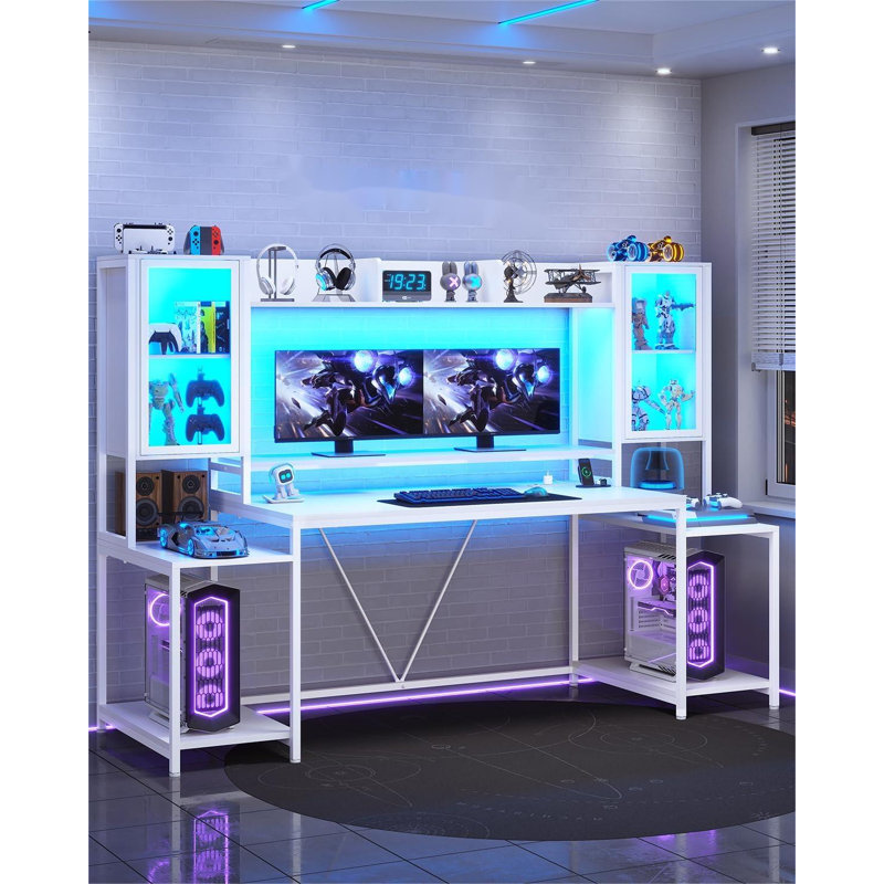 Gaming Desk 74.8'' With Led Lights, Hutch And Storage Shelves, Computer Desk With Monitor Stand, Large Pc Gamer Desk Workstation, Ergonomic Gaming Table For Bedroom, Living Room