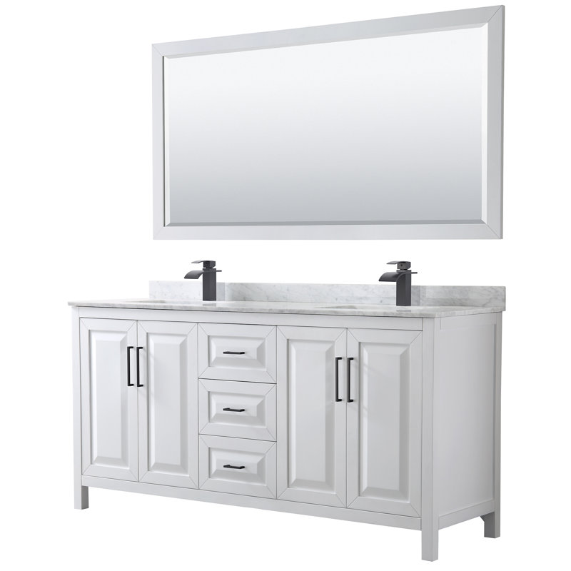 Daria 72'' W Double Vanity, White, Carrara Cultured Marble, Matte Black