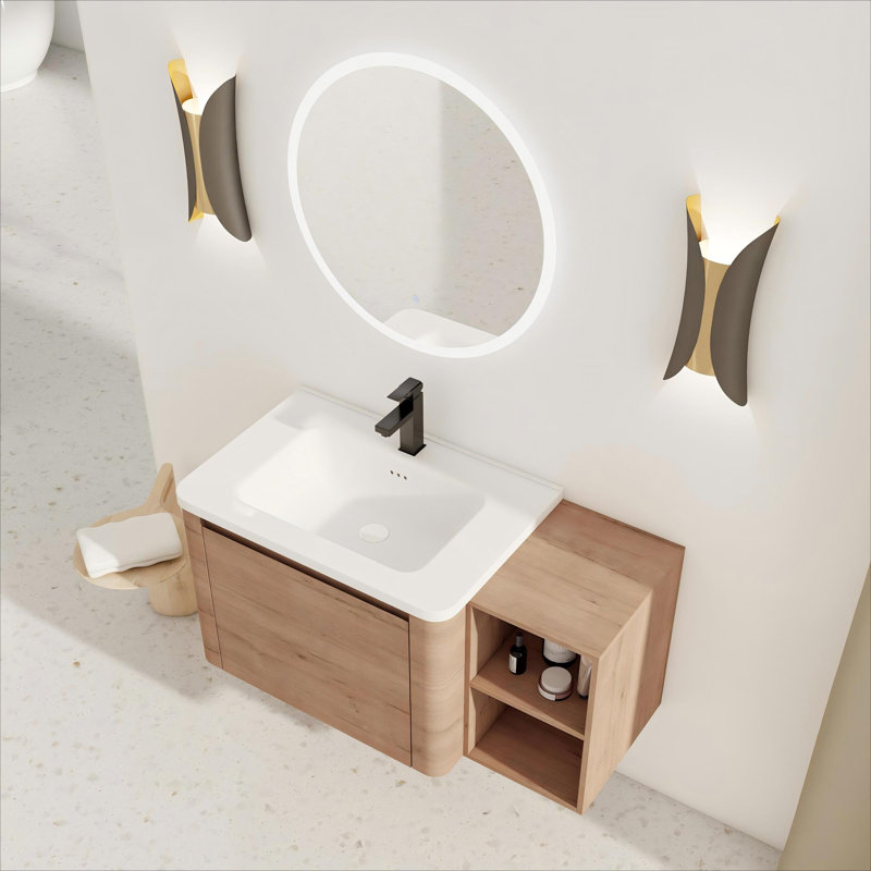 Meuble-lavabo mural 40 po avec lavabo en céramique blanche et tablettes de rangement et 1 porte à fermeture en douceur