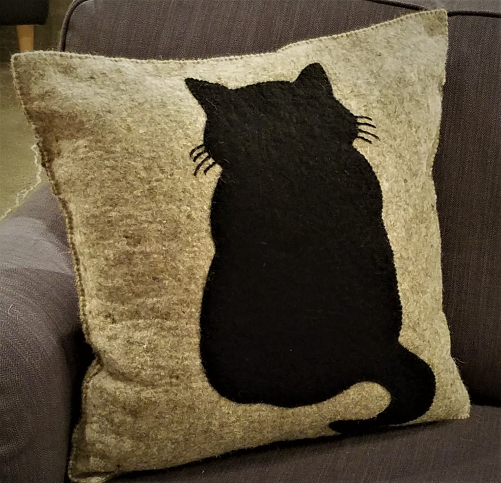 Handmade Pillow in Hand Felted Wool - Cat on Gray - 20" Arcadia Home