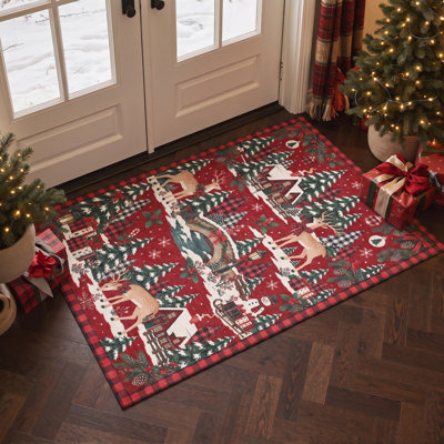 Tapis de salon lavable à poils courts, motif d'animaux de Noël : cerfs et village enneigé