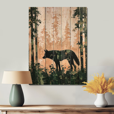 Forest Wolf Guardian Of The Woods I - Modern Black Wood Print On Natural Pine Wood