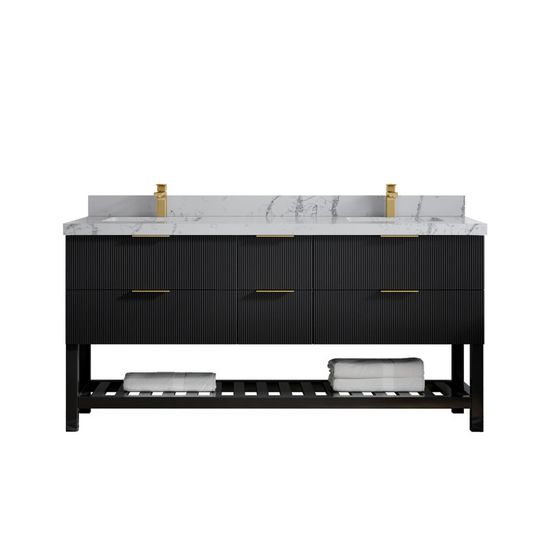 Meuble-lavabo double autoportant 72 po avec comptoir en quartz Cleanhill, Quartz Venatino