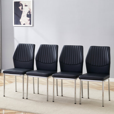 De 4 chaises de salle à manger en polyuréthane noir à haute résilience avec des pieds en métal argenté, un design à rayures verticales, un bon coussin quatre dispersions, un soutien ergonomique, un entretien facile