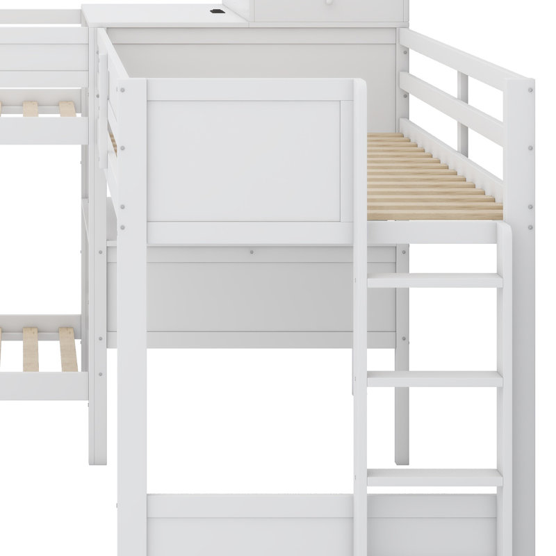 Lit superposé en L avec bureau d'étude intégré, tiroirs de rangement et station de charge, Blanc