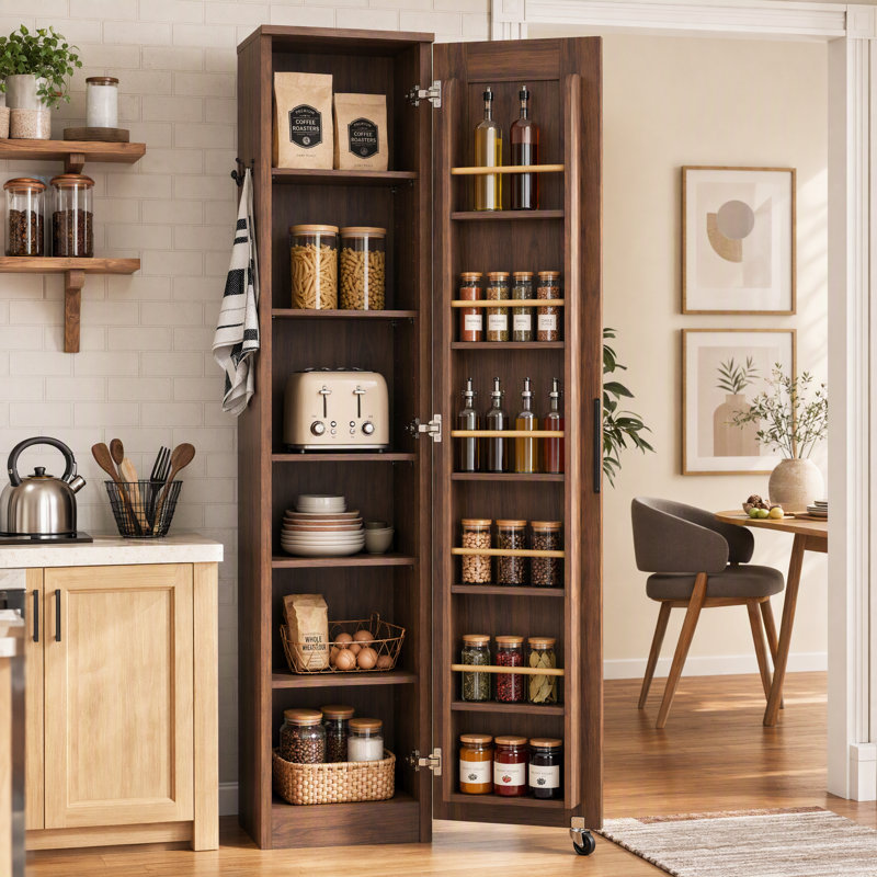 Garde-manger étroit avec 12 tablettes de rangement, armoire de rangement mince à porte simple de 72 po avec 6 tablettes réglables, support de porte et roulettes verrouillables