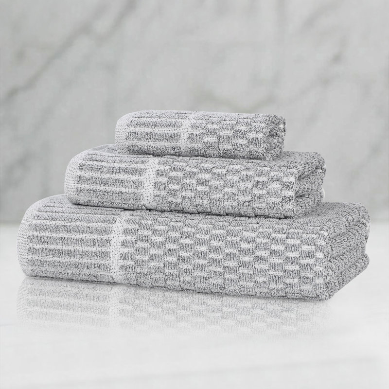 Juno Viscose Cotton Blend Medium Weight Textured Checkered Ribbed Border Towel Set, Charcoal, 3 Piece Towel Set