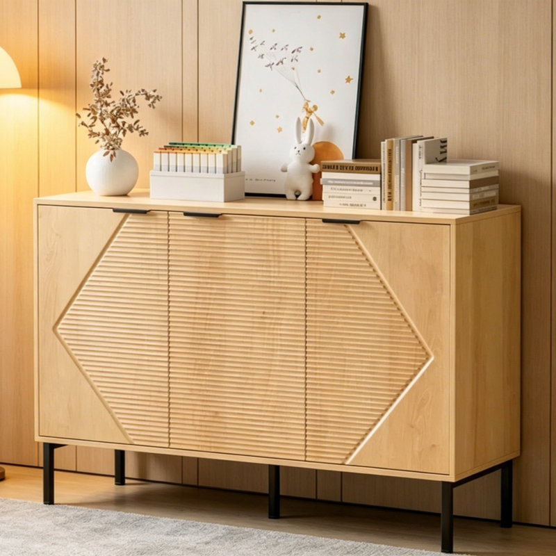 Engineering Timber 3-Door Sideboard Buffet Cabinet, Modern Textured Storage Credenza with Metal Legs, for Dining Room, Kitchen, and Living Room