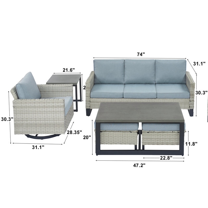 Ingvald Wicker 7 - Person Patio Conversation Set with Cushions, Light Blue