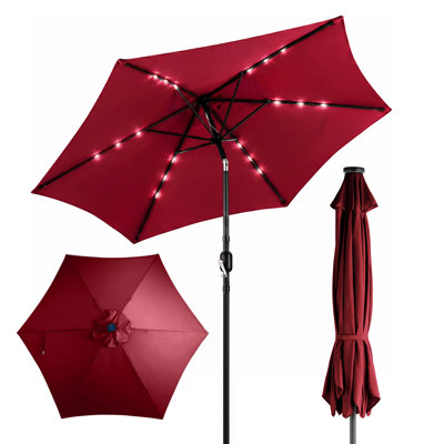 9Ft Round Outdoor Patio Market Umbrella With Tilt,Led Lights And 6 Iron Ribs With Iron Pole