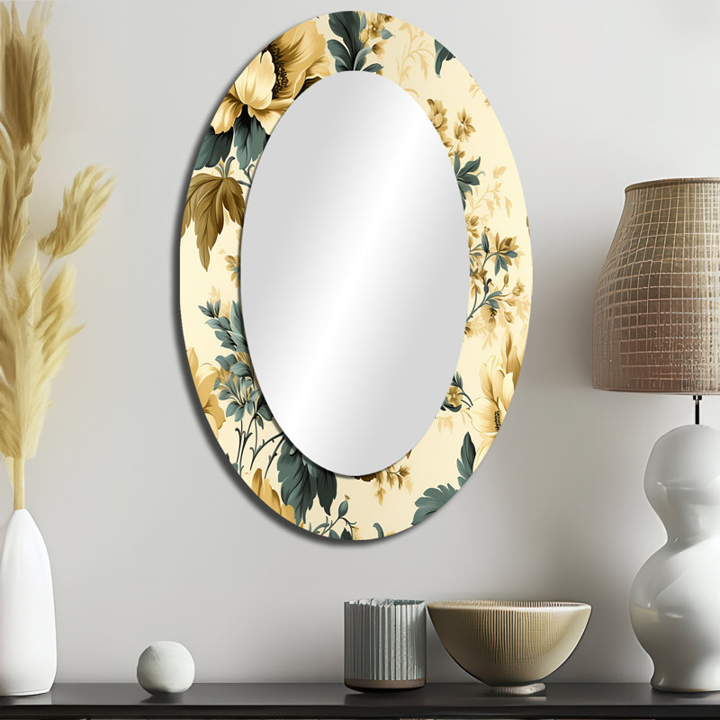 Vintage Farmhouse Peonies Damask - Traditional Oval Wall Mirror, 36" H x 24" W