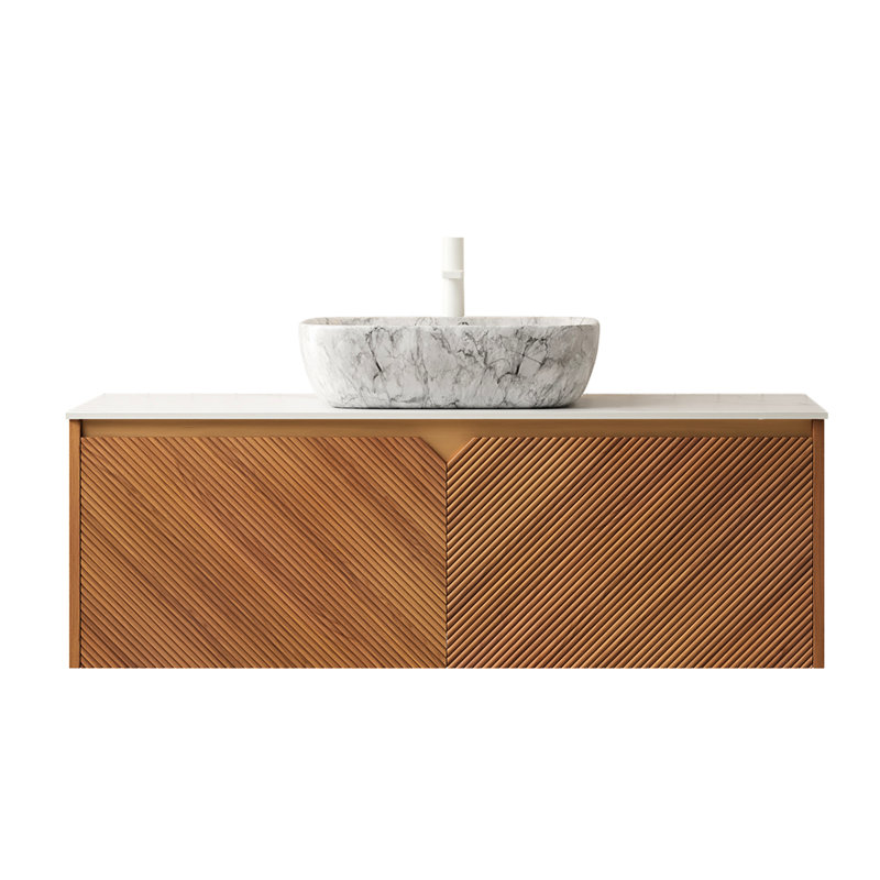 48" Bathroom Vanity, Floating Plywood Storage, Twill Double Doors, Metal Embellishments, Marble Pattern Ceramic Basin, White Sintered Stone Surface, Oak , High Resistance, Distinct Patterns Cabinet,