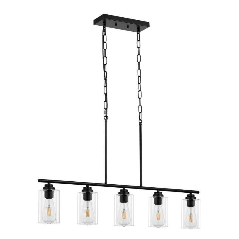 Suspension d'îlot de cuisine à 5 lumières, 60 W, luminaire de salle à manger réglable avec abat-jour en verre transparent, 4 tiges et 2 chaînes métalliques, douille E26, structure métallique, lustre linéaire de style ferme pour salle à manger