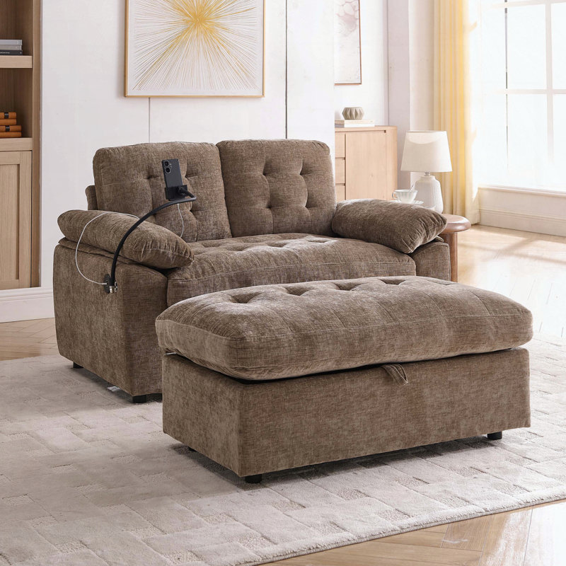Canapé double inclinable avec charge USB et repose-pieds avec rangement, Brun
