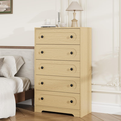 Spacious Storage Solution 5 Drawer Dresser Tall Mid Century Modern Chest for Bedroom Living Room Natural wood color Natural Wood
