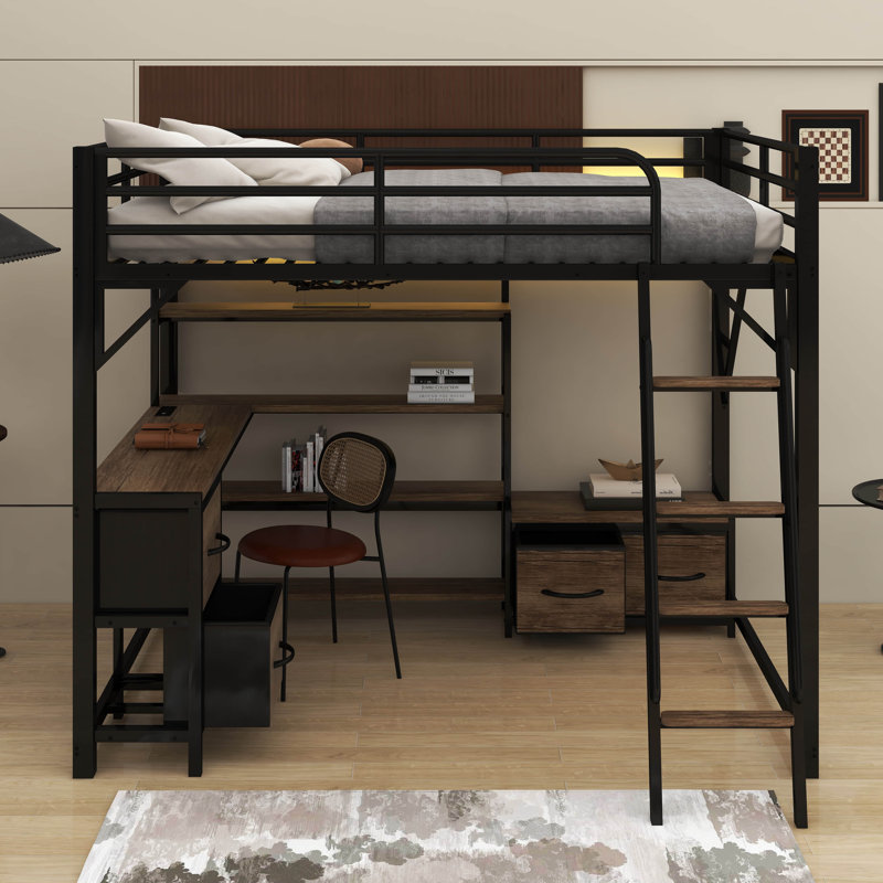 Loft Bed With Desk And LED, Metal Loft Bed With Storage Shelves, Wardrobe And Storage Drawers, Queen
