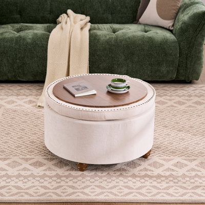 Repose-pieds de rangement rond de 28 po avec plateau, table basse capitonnée à rangement circulaire, grand tabouret rembourré avec plateau amovible pour le salon