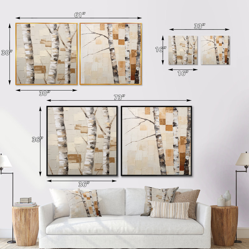 Ensemble de 2 boules miniatures beiges Tree I - Tree Birch, Cadre flottant noir, H 16 po x l 33 po
