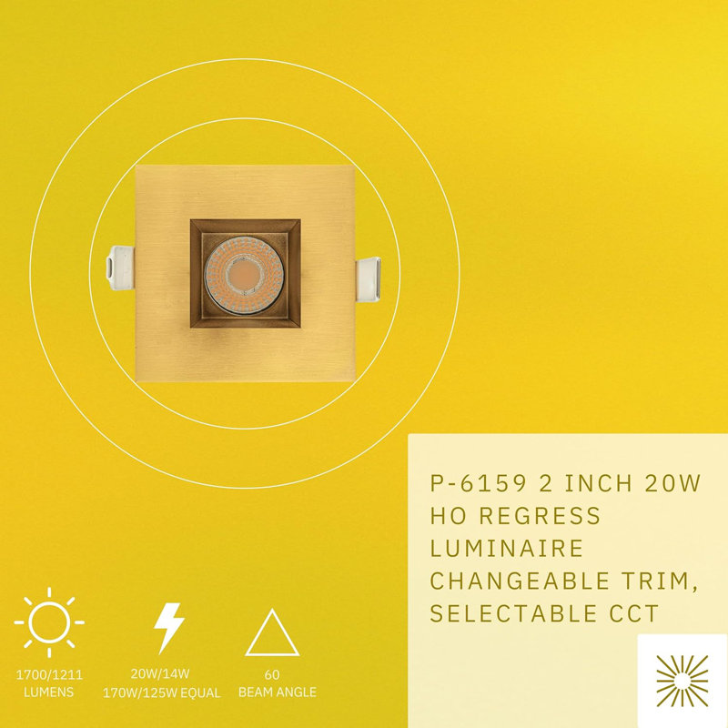 Éclairage encastré carré de 2 po 20 W à 1700/1200 lumens Perlglow, Laiton brossé