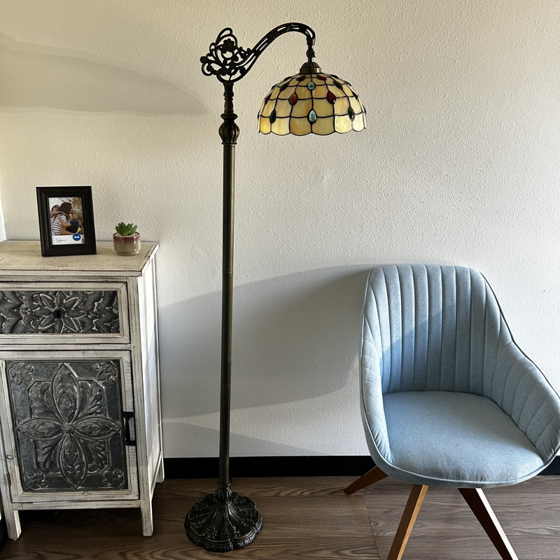 Jenison Tiffany Floor Lamp Gold Stained Glass Peacock Tail Crystal Beans Gooseneck Adjustable 20"W*12"D*63"H