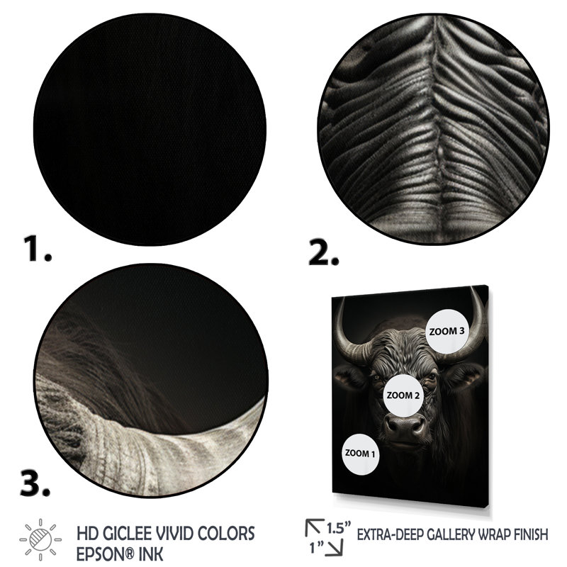 Impression sur toile Grey Buffalo Majestic Horns - Animals, H 20 po x l 12 po x P 1 po, Cadre photo noir