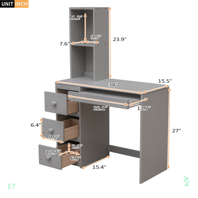 Lit mezzanine simple avec lit autonome, escalier de rangement, bureau, tablettes et tiroirs, Gris