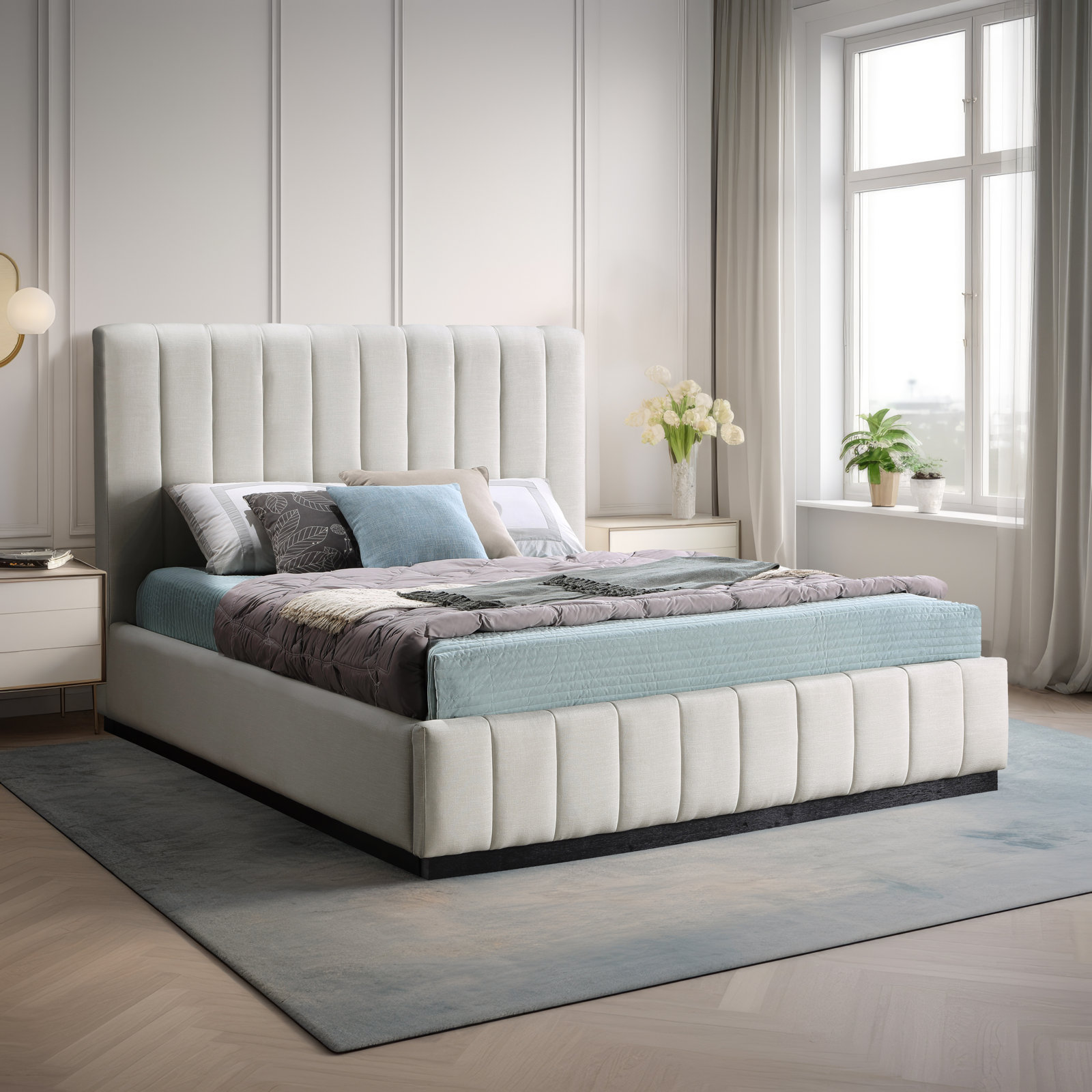 Codyn Upholstered Bed, Queen, Beige Linen Textured Fabric