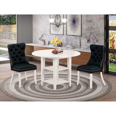 3-Piece Linen White Finish Round Solid Wood Top With Dropleaf Dining Table Set