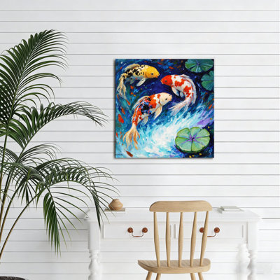 Koi Fish Playing Water, Built-In Wooden Frame Wall Art, 16L X 16W