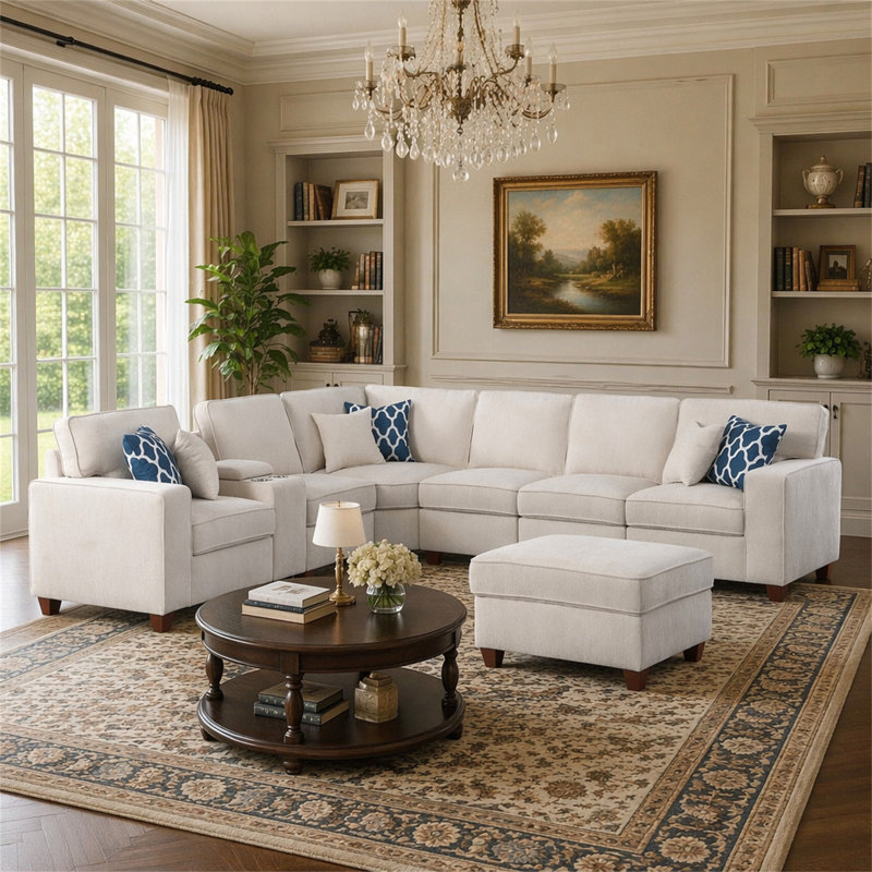 Canapé modulaire avec repose-pieds Rene, Beige Chenille, 35" H x 99.25" W x 136.25" D