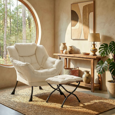Lazy Chair With Foldable Ottoman, Modern Comfy Lounge Chair, Large Sofa Armchair With Footrest And A Side Pocket, Leisure Reading Chair With Footstool For Bedroom, Living Room, Dorm(beige)
